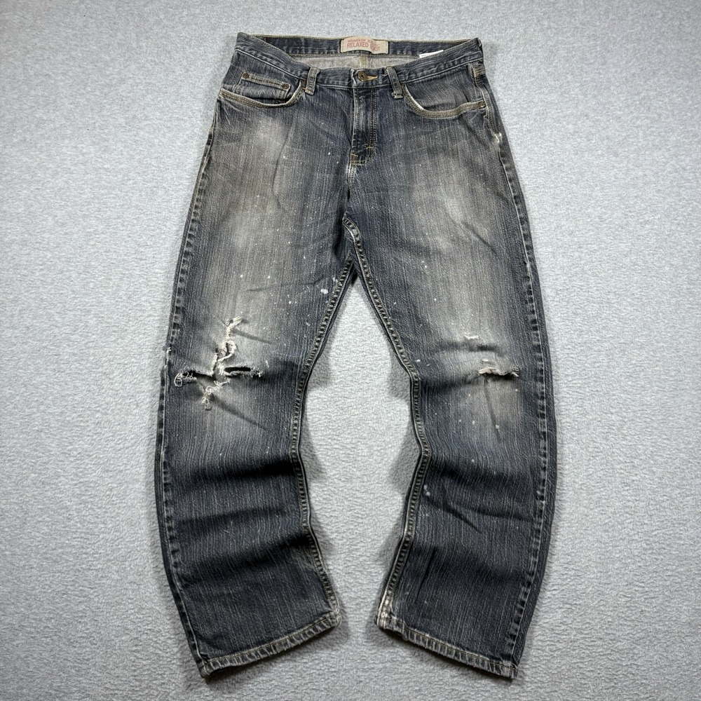 Wrangler Jeans Co Men Dark Wash Relaxed Bootcut Distressed Paint Splatter 30x30